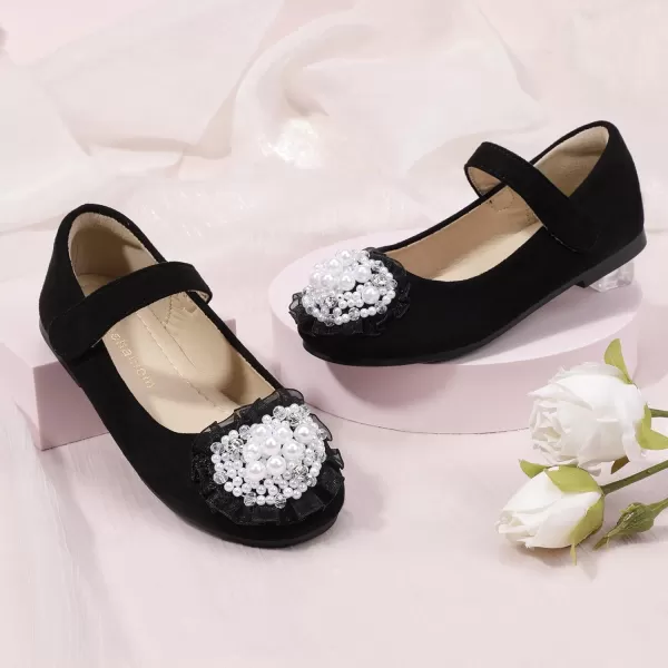 Hehainom Toddler Flower Girl Dress Shoes Rhinstones Pearls Mary Jane Ballet Flats Wedding Party Toddler Little Kid Princess ShoesBlacksuede