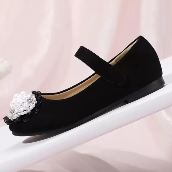 Hehainom Toddler Flower Girl Dress Shoes Rhinstones Pearls Mary Jane Ballet Flats Wedding Party Toddler Little Kid Princess ShoesBlacksuede