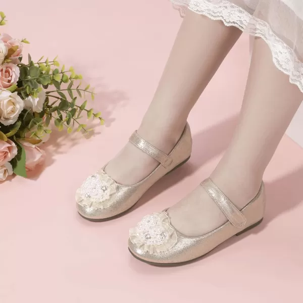 Hehainom Toddler Flower Girl Dress Shoes Rhinstones Pearls Mary Jane Ballet Flats Wedding Party Toddler Little Kid Princess ShoesGold