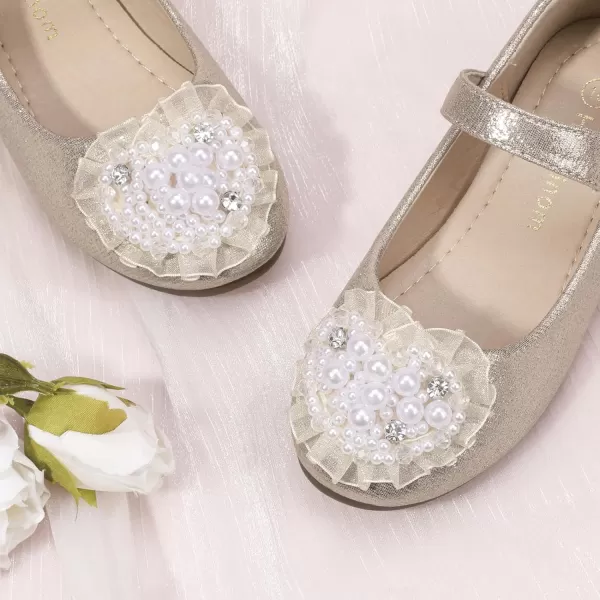 Hehainom Toddler Flower Girl Dress Shoes Rhinstones Pearls Mary Jane Ballet Flats Wedding Party Toddler Little Kid Princess ShoesGold