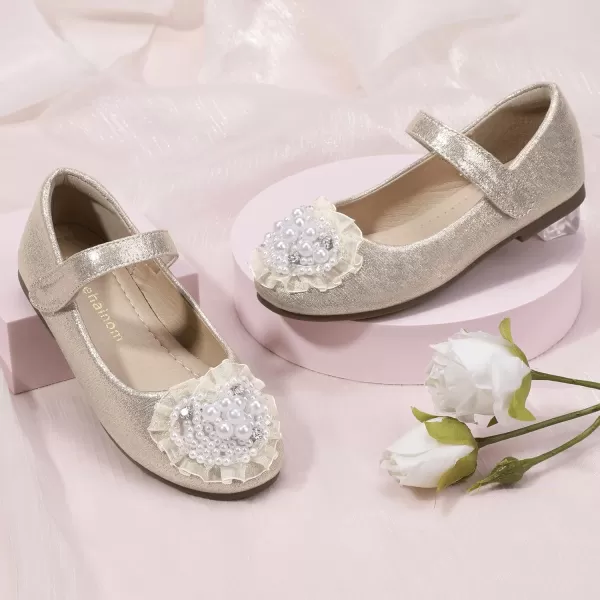 Hehainom Toddler Flower Girl Dress Shoes Rhinstones Pearls Mary Jane Ballet Flats Wedding Party Toddler Little Kid Princess ShoesGold