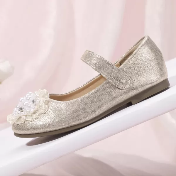 Hehainom Toddler Flower Girl Dress Shoes Rhinstones Pearls Mary Jane Ballet Flats Wedding Party Toddler Little Kid Princess ShoesGold