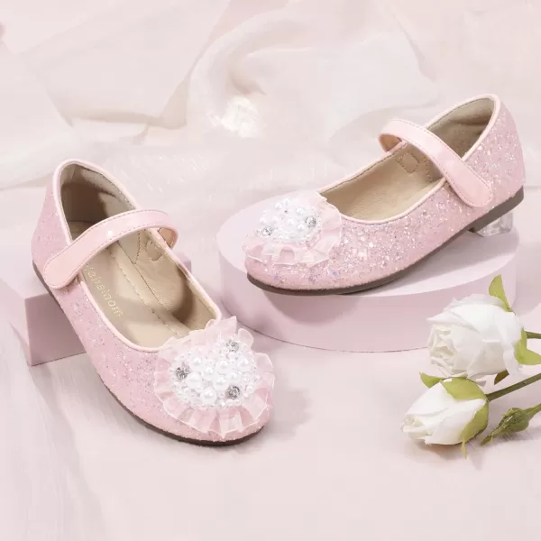 Hehainom Toddler Flower Girl Dress Shoes Rhinstones Pearls Mary Jane Ballet Flats Wedding Party Toddler Little Kid Princess ShoesPinksequin