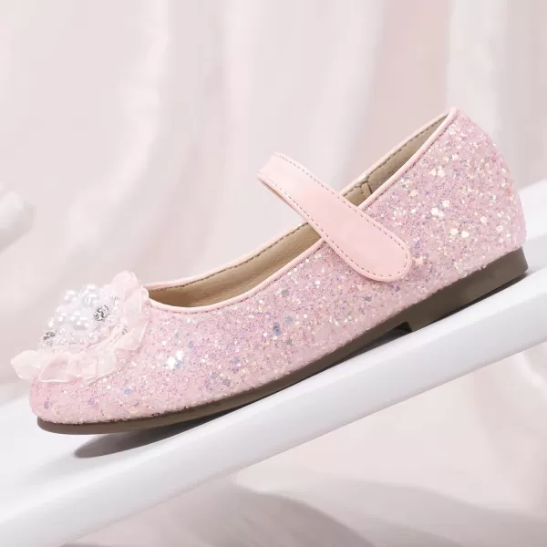 Hehainom Toddler Flower Girl Dress Shoes Rhinstones Pearls Mary Jane Ballet Flats Wedding Party Toddler Little Kid Princess ShoesPinksequin