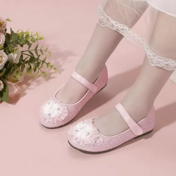 Hehainom Toddler Flower Girl Dress Shoes Rhinstones Pearls Mary Jane Ballet Flats Wedding Party Toddler Little Kid Princess ShoesPinksequin