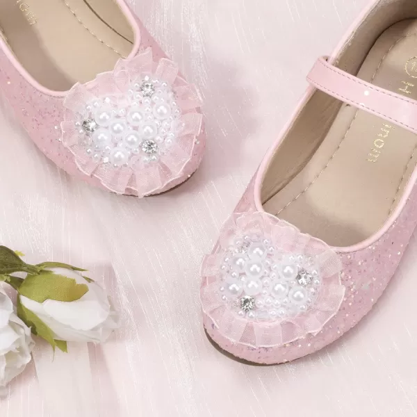 Hehainom Toddler Flower Girl Dress Shoes Rhinstones Pearls Mary Jane Ballet Flats Wedding Party Toddler Little Kid Princess ShoesPinksequin