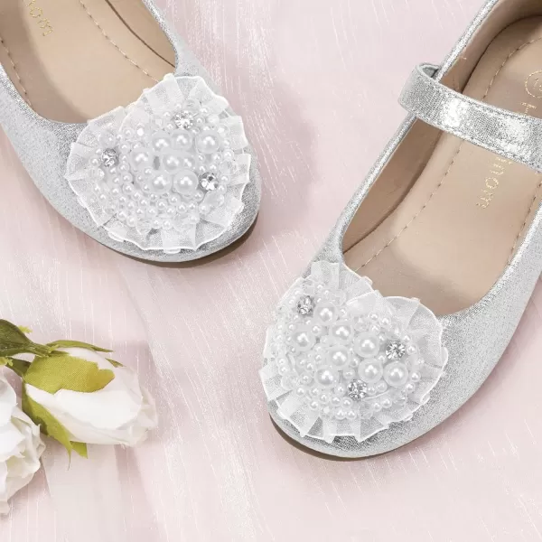 Hehainom Toddler Flower Girl Dress Shoes Rhinstones Pearls Mary Jane Ballet Flats Wedding Party Toddler Little Kid Princess ShoesSilver