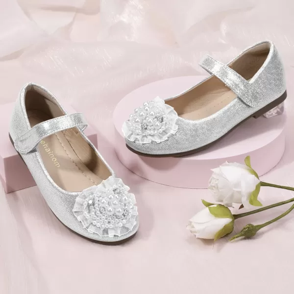 Hehainom Toddler Flower Girl Dress Shoes Rhinstones Pearls Mary Jane Ballet Flats Wedding Party Toddler Little Kid Princess ShoesSilver