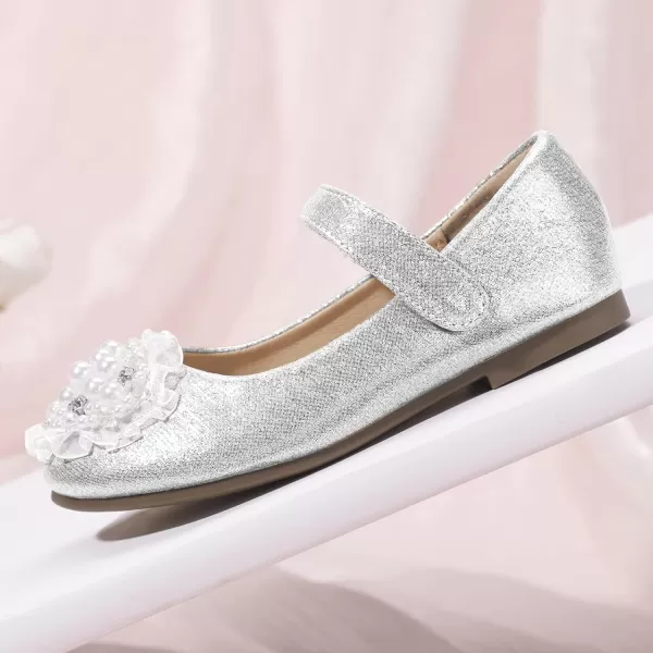 Hehainom Toddler Flower Girl Dress Shoes Rhinstones Pearls Mary Jane Ballet Flats Wedding Party Toddler Little Kid Princess ShoesSilver
