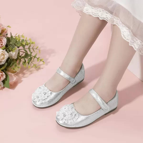 Hehainom Toddler Flower Girl Dress Shoes Rhinstones Pearls Mary Jane Ballet Flats Wedding Party Toddler Little Kid Princess ShoesSilver