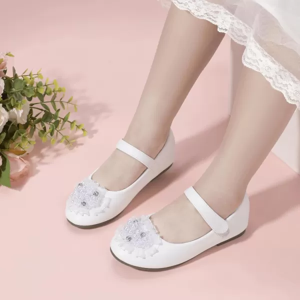 Hehainom Toddler Flower Girl Dress Shoes Rhinstones Pearls Mary Jane Ballet Flats Wedding Party Toddler Little Kid Princess ShoesWhitepu
