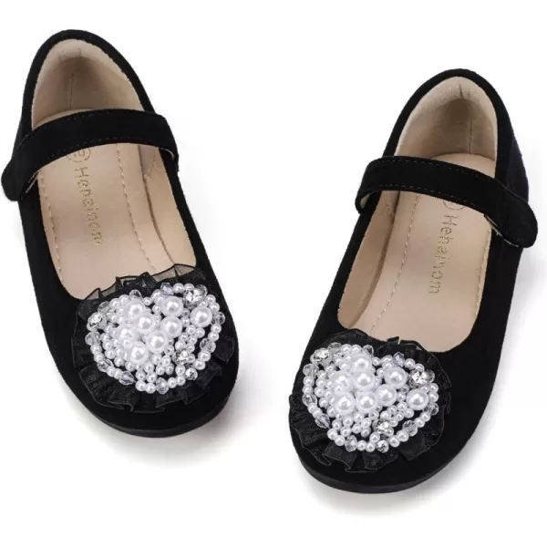 Hehainom Toddler Flower Girl Dress Shoes Rhinstones Pearls Mary Jane Ballet Flats Wedding Party Toddler Little Kid Princess ShoesBlacksuede