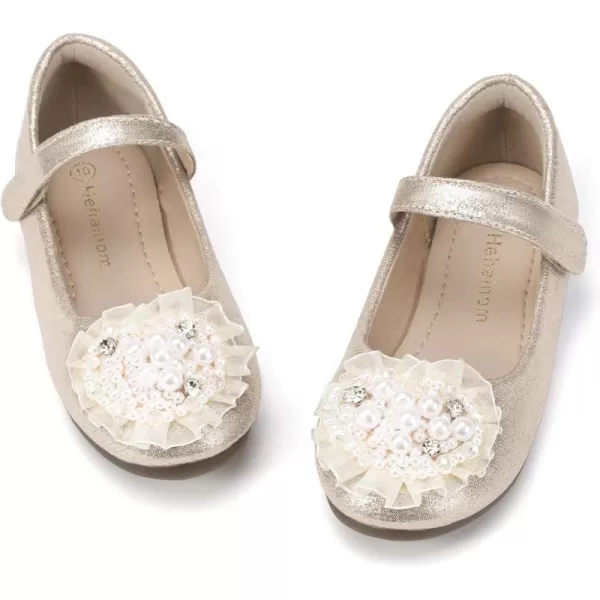 Hehainom Toddler Flower Girl Dress Shoes Rhinstones Pearls Mary Jane Ballet Flats Wedding Party Toddler Little Kid Princess ShoesGold