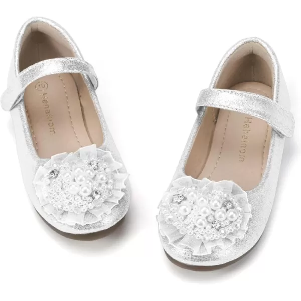 Hehainom Toddler Flower Girl Dress Shoes Rhinstones Pearls Mary Jane Ballet Flats Wedding Party Toddler Little Kid Princess ShoesSilver