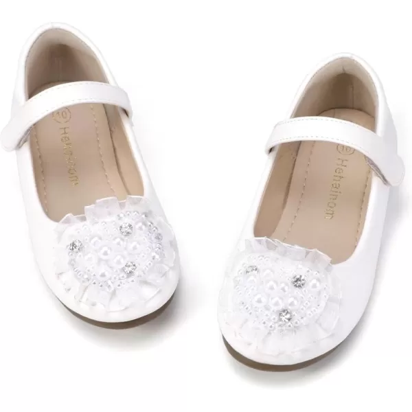 Hehainom Toddler Flower Girl Dress Shoes Rhinstones Pearls Mary Jane Ballet Flats Wedding Party Toddler Little Kid Princess ShoesWhitepu