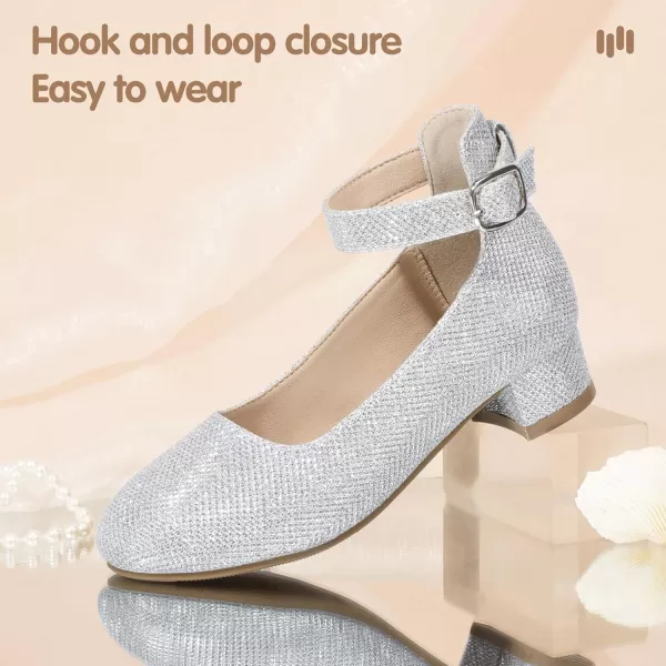 imageHehainom Girls Dress Shoes Ankle Strap Flower Girl Heels for Little Big Kids Heels Wedding Church Party ShoesSilverglitter