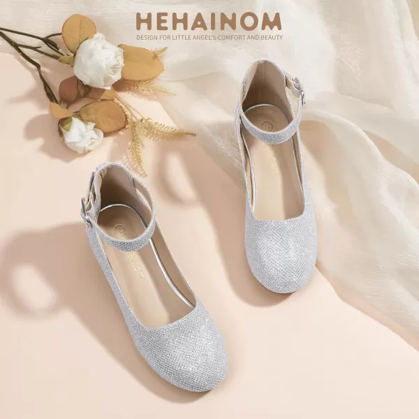 imageHehainom Girls Dress Shoes Ankle Strap Flower Girl Heels for Little Big Kids Heels Wedding Church Party ShoesSilverglitter
