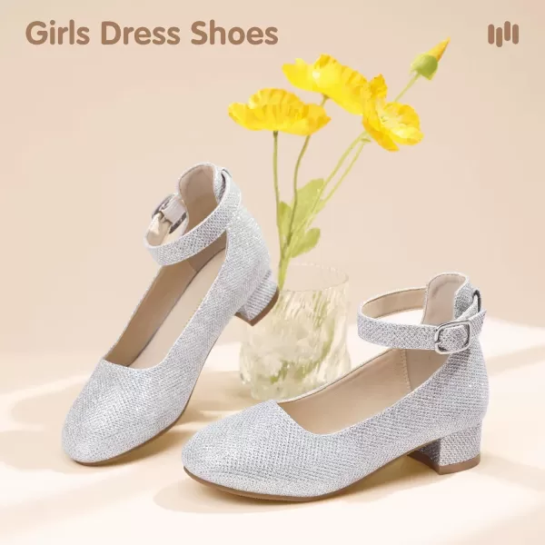 imageHehainom Girls Dress Shoes Ankle Strap Flower Girl Heels for Little Big Kids Heels Wedding Church Party ShoesSilverglitter