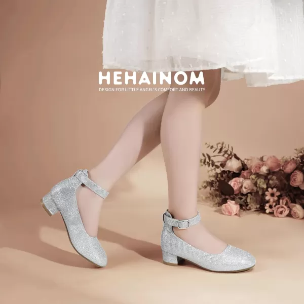 imageHehainom Girls Dress Shoes Ankle Strap Flower Girl Heels for Little Big Kids Wedding Church Party ShoesSilverglitter