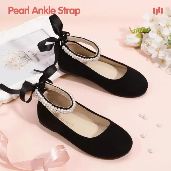 imageHehainom Toddler Girls Dress Shoes Flower Girl Little Kids Mary Jane Ballet Flats Pearls Bow Wedding Party Communion ShoesBlacksuede