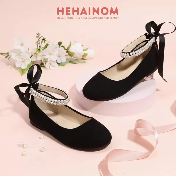 imageHehainom Toddler Girls Dress Shoes Flower Girl Little Kids Mary Jane Ballet Flats Pearls Bow Wedding Party Communion ShoesBlacksuede