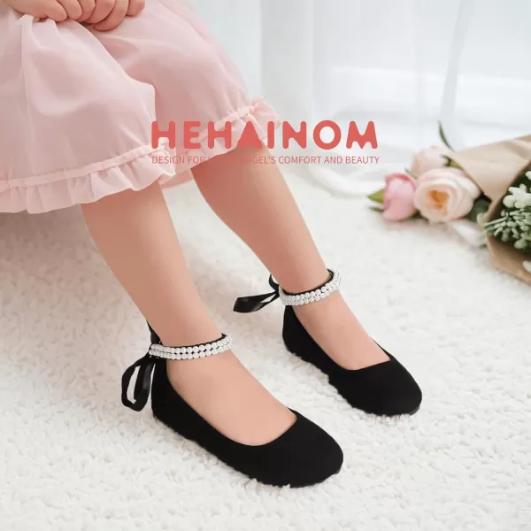 imageHehainom Toddler Girls Dress Shoes Flower Girl Little Kids Mary Jane Ballet Flats Pearls Bow Wedding Party Communion ShoesBlacksuede