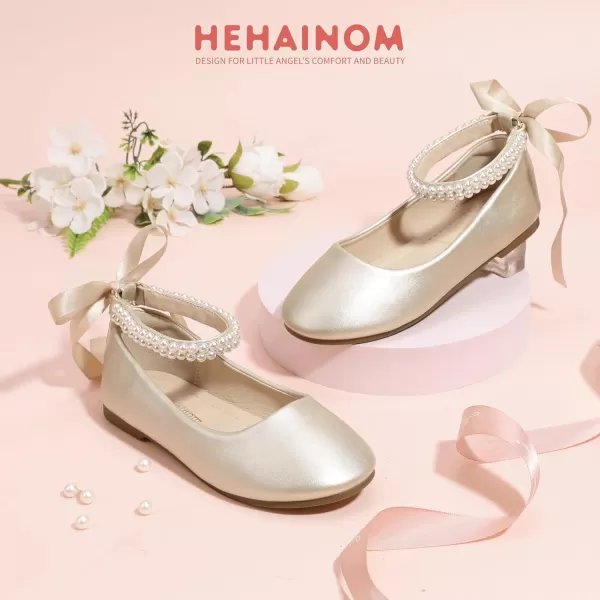 imageHehainom Toddler Girls Dress Shoes Flower Girl Little Kids Mary Jane Ballet Flats Pearls Bow Wedding Party Communion ShoesGoldpu