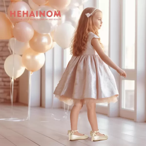 imageHehainom Toddler Girls Dress Shoes Flower Girl Little Kids Mary Jane Ballet Flats Pearls Bow Wedding Party Communion ShoesGoldpu