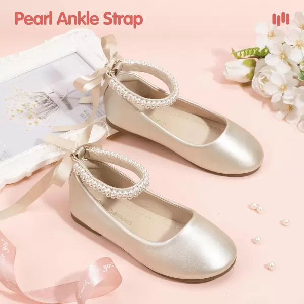 imageHehainom Toddler Girls Dress Shoes Flower Girl Little Kids Mary Jane Ballet Flats Pearls Bow Wedding Party Communion ShoesGoldpu