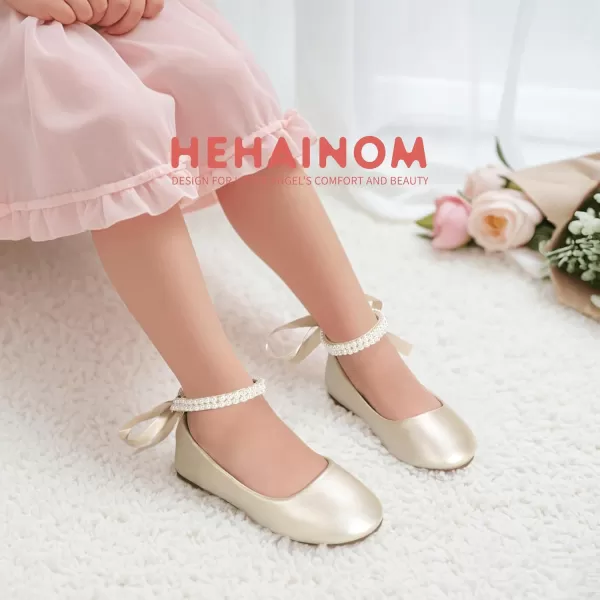 imageHehainom Toddler Girls Dress Shoes Flower Girl Little Kids Mary Jane Ballet Flats Pearls Bow Wedding Party Communion ShoesGoldpu