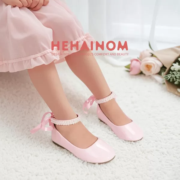 imageHehainom Toddler Girls Dress Shoes Flower Girl Little Kids Mary Jane Ballet Flats Pearls Bow Wedding Party Communion ShoesPinkpatent