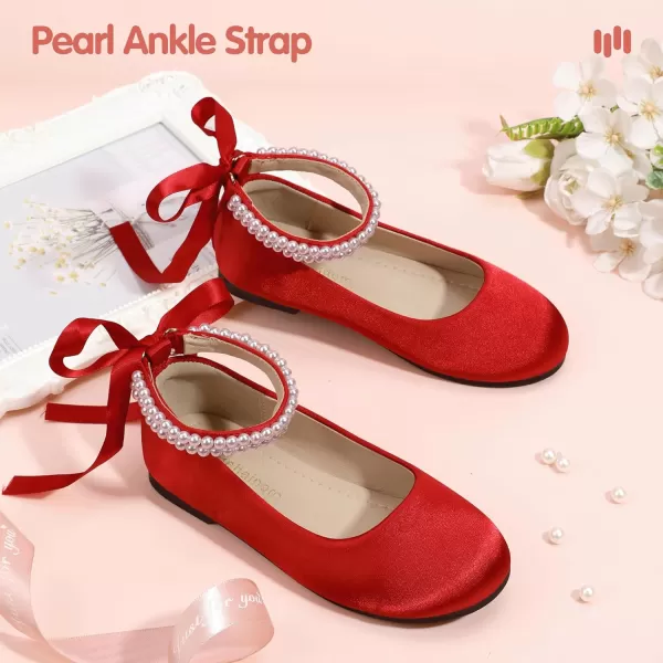 imageHehainom Toddler Girls Dress Shoes Flower Girl Little Kids Mary Jane Ballet Flats Pearls Bow Wedding Party Communion ShoesRedsilk