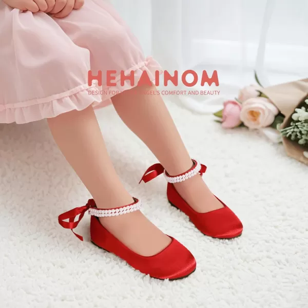 imageHehainom Toddler Girls Dress Shoes Flower Girl Little Kids Mary Jane Ballet Flats Pearls Bow Wedding Party Communion ShoesRedsilk
