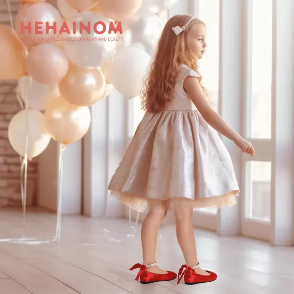 imageHehainom Toddler Girls Dress Shoes Flower Girl Little Kids Mary Jane Ballet Flats Pearls Bow Wedding Party Communion ShoesRedsilk