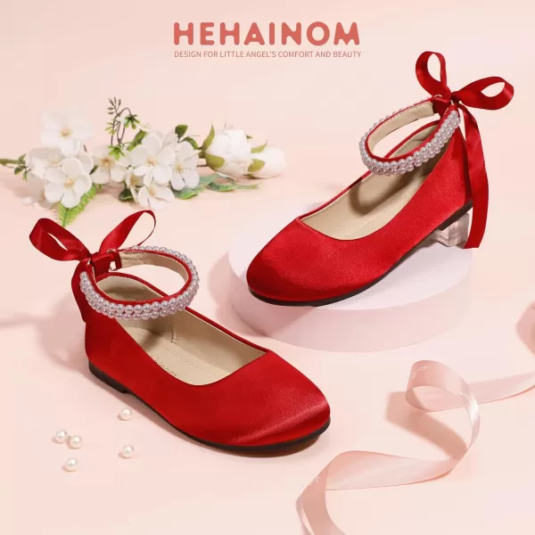 imageHehainom Toddler Girls Dress Shoes Flower Girl Little Kids Mary Jane Ballet Flats Pearls Bow Wedding Party Communion ShoesRedsilk