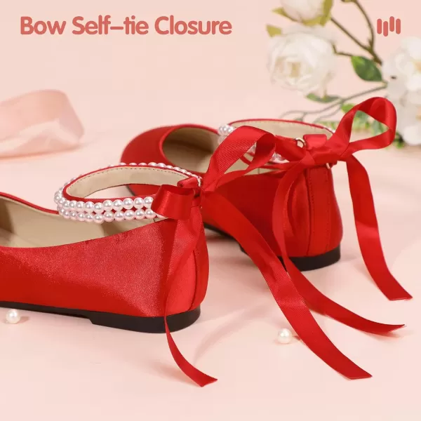 imageHehainom Toddler Girls Dress Shoes Flower Girl Little Kids Mary Jane Ballet Flats Pearls Bow Wedding Party Communion ShoesRedsilk