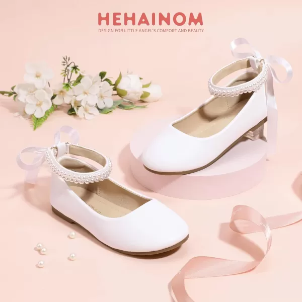 imageHehainom Toddler Girls Dress Shoes Flower Girl Little Kids Mary Jane Ballet Flats Pearls Bow Wedding Party Communion ShoesWhitepu