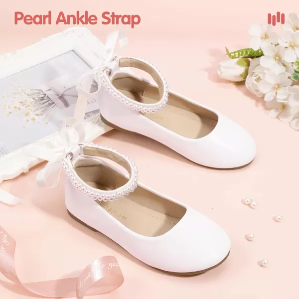 imageHehainom Toddler Girls Dress Shoes Flower Girl Little Kids Mary Jane Ballet Flats Pearls Bow Wedding Party Communion ShoesWhitepu