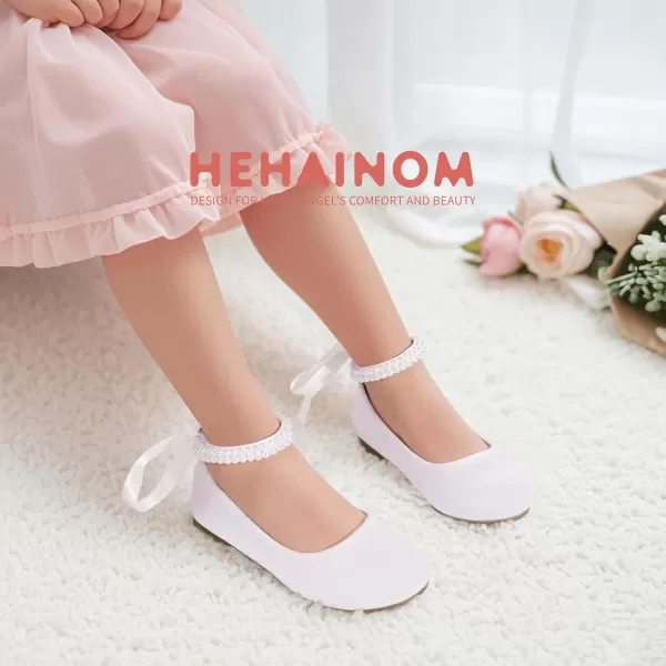 imageHehainom Toddler Girls Dress Shoes Flower Girl Little Kids Mary Jane Ballet Flats Pearls Bow Wedding Party Communion ShoesWhitepu