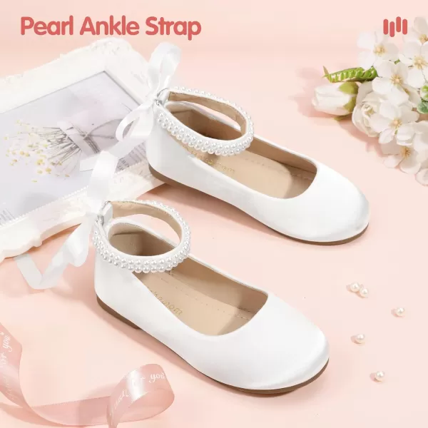 imageHehainom Toddler Girls Dress Shoes Flower Girl Little Kids Mary Jane Ballet Flats Pearls Bow Wedding Party Communion ShoesWhitesilk