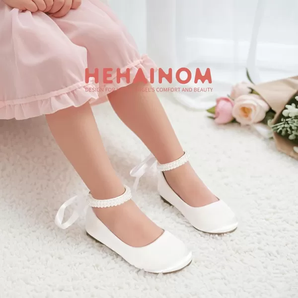 imageHehainom Toddler Girls Dress Shoes Flower Girl Little Kids Mary Jane Ballet Flats Pearls Bow Wedding Party Communion ShoesWhitesilk