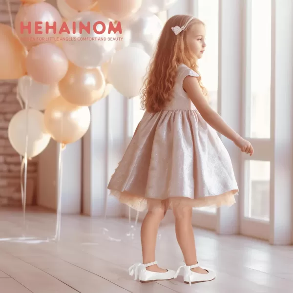 imageHehainom Toddler Girls Dress Shoes Flower Girl Little Kids Mary Jane Ballet Flats Pearls Bow Wedding Party Communion ShoesWhitesilk