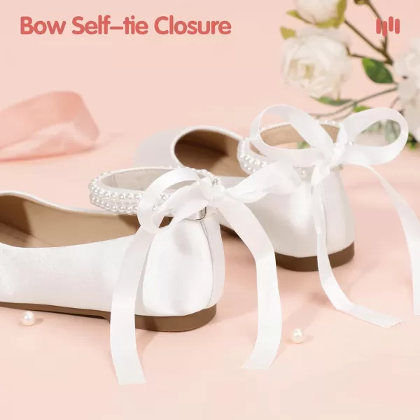 imageHehainom Toddler Girls Dress Shoes Flower Girl Little Kids Mary Jane Ballet Flats Pearls Bow Wedding Party Communion ShoesWhitesilk