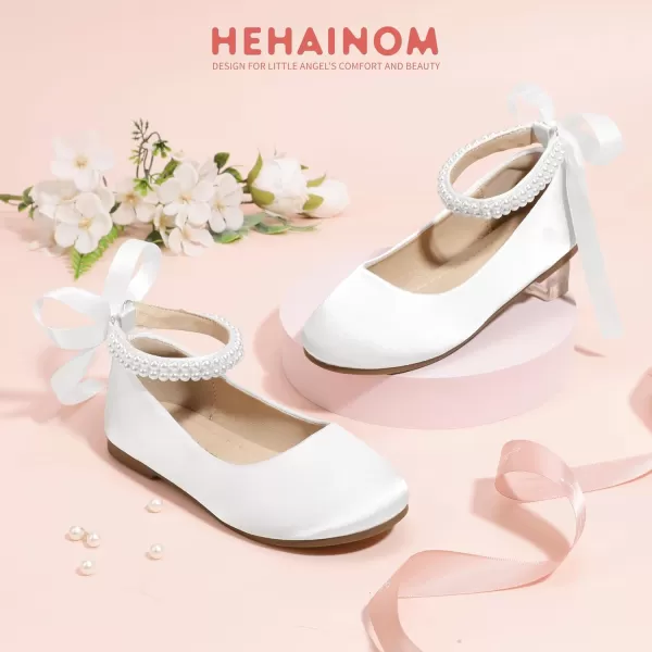 imageHehainom Toddler Girls Dress Shoes Flower Girl Little Kids Mary Jane Ballet Flats Pearls Bow Wedding Party Communion ShoesWhitesilk