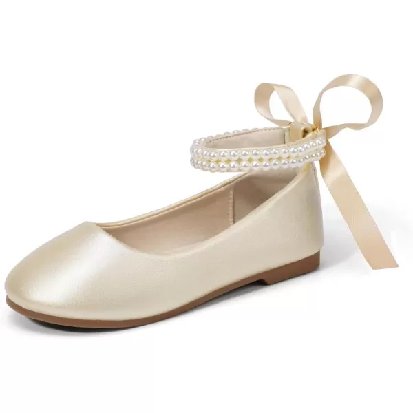 imageHehainom Toddler Girls Dress Shoes Flower Girl Little Kids Mary Jane Ballet Flats Pearls Bow Wedding Party Communion ShoesGoldpu