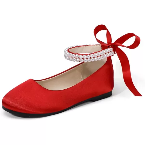 imageHehainom Toddler Girls Dress Shoes Flower Girl Little Kids Mary Jane Ballet Flats Pearls Bow Wedding Party Communion ShoesRedsilk
