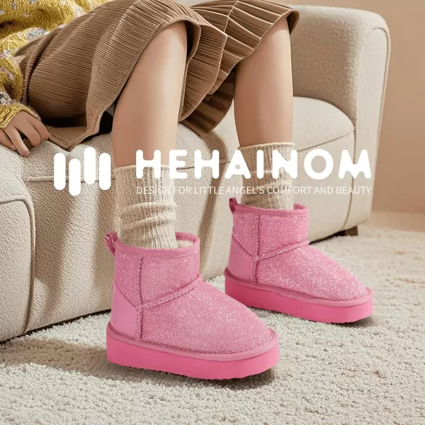 imageHehainom Girls Boys Snow Boots Faux Fur Lined Warm Shoes for Toddler Little Big Kid Winter Ankle BootsHotpinkglitter