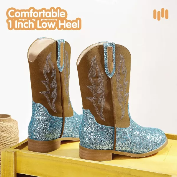 imageHehainom Girls Cowgirl Boots for Toddler Cowgirl Booties Little Big Kids Western Mid Calf Riding Shoes Boys Cowboy BootsBluesequin