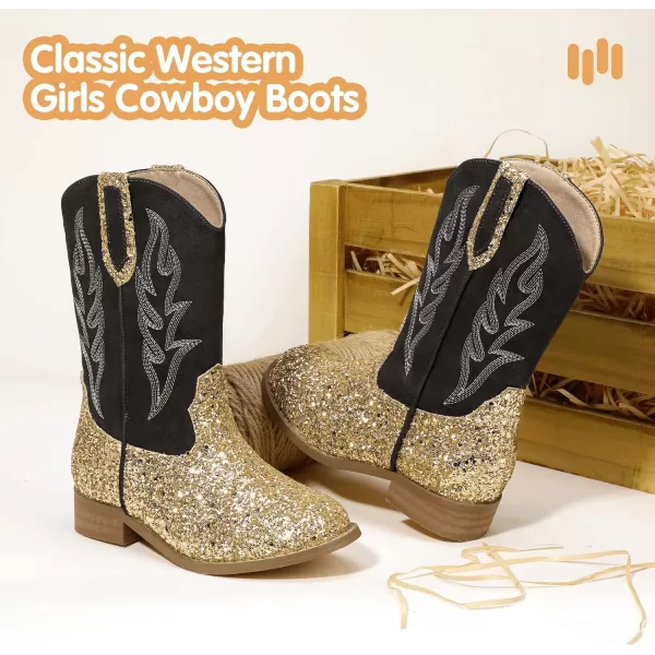 imageHehainom Girls Cowgirl Boots for Toddler Cowgirl Booties Little Big Kids Western Mid Calf Riding Shoes Boys Cowboy BootsGoldsequin