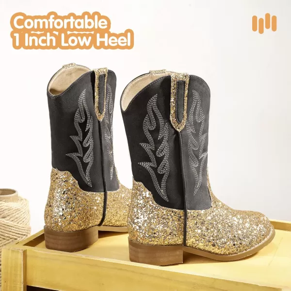 imageHehainom Girls Cowgirl Boots for Toddler Cowgirl Booties Little Big Kids Western Mid Calf Riding Shoes Boys Cowboy BootsGoldsequin